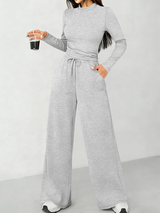 All-season Solid Color Long-sleeved Top and High-waisted Wide-leg Pants Casual Suit