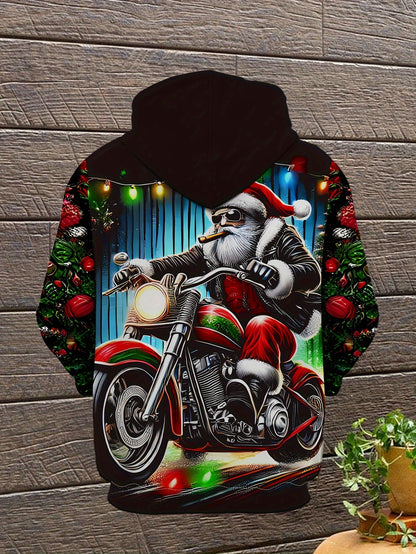 Plus Size Men'S Festive Santa Claus Motorcycle Hoodie - Long Sleeve, Casual Pullover with Drawstring and Kangaroo Pocket, Polyester, Machine Washable - Perfect for Autumn and Winter Street Style | Christmas Claus Motor Print