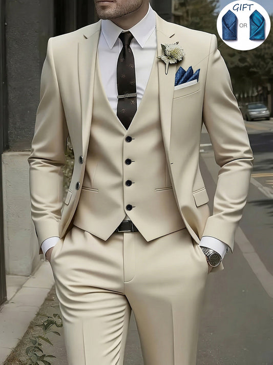Men's 3-Piece Suit with Jacket, Vest & Pants - Stylish Formal Wear - ayq