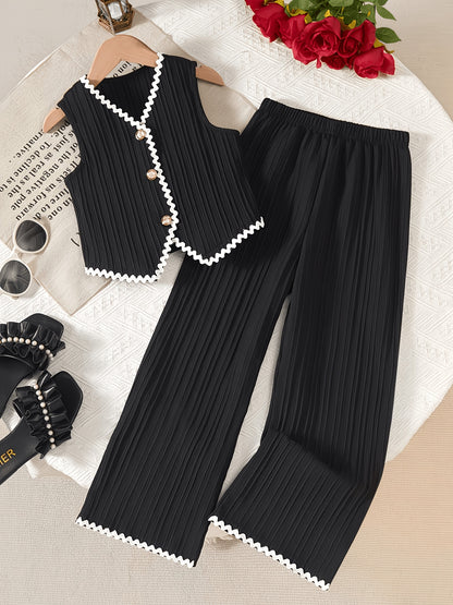 Girls' Sleeveless Color-Block Pleated Vest & Wide-Leg Pants Set