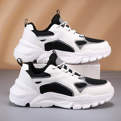 Men's Casual Athletic Sneakers, Lightweight Breathable Lace-Up EVA Sole Low-Top Sneakers, Black  White Color Block