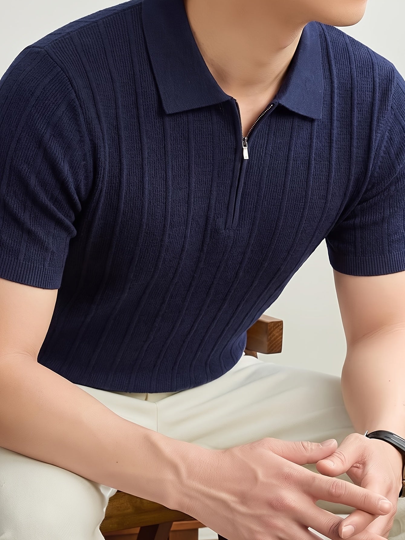 Men's Spring/Fall Knit Polo Shirt with Half-Zip Lapel