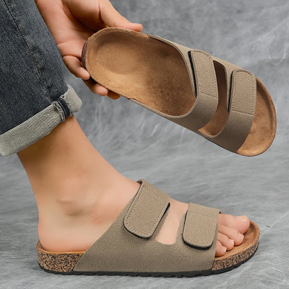 Wide Band PU Flat Slippers with Adjustable Iron Buckle - All Season
