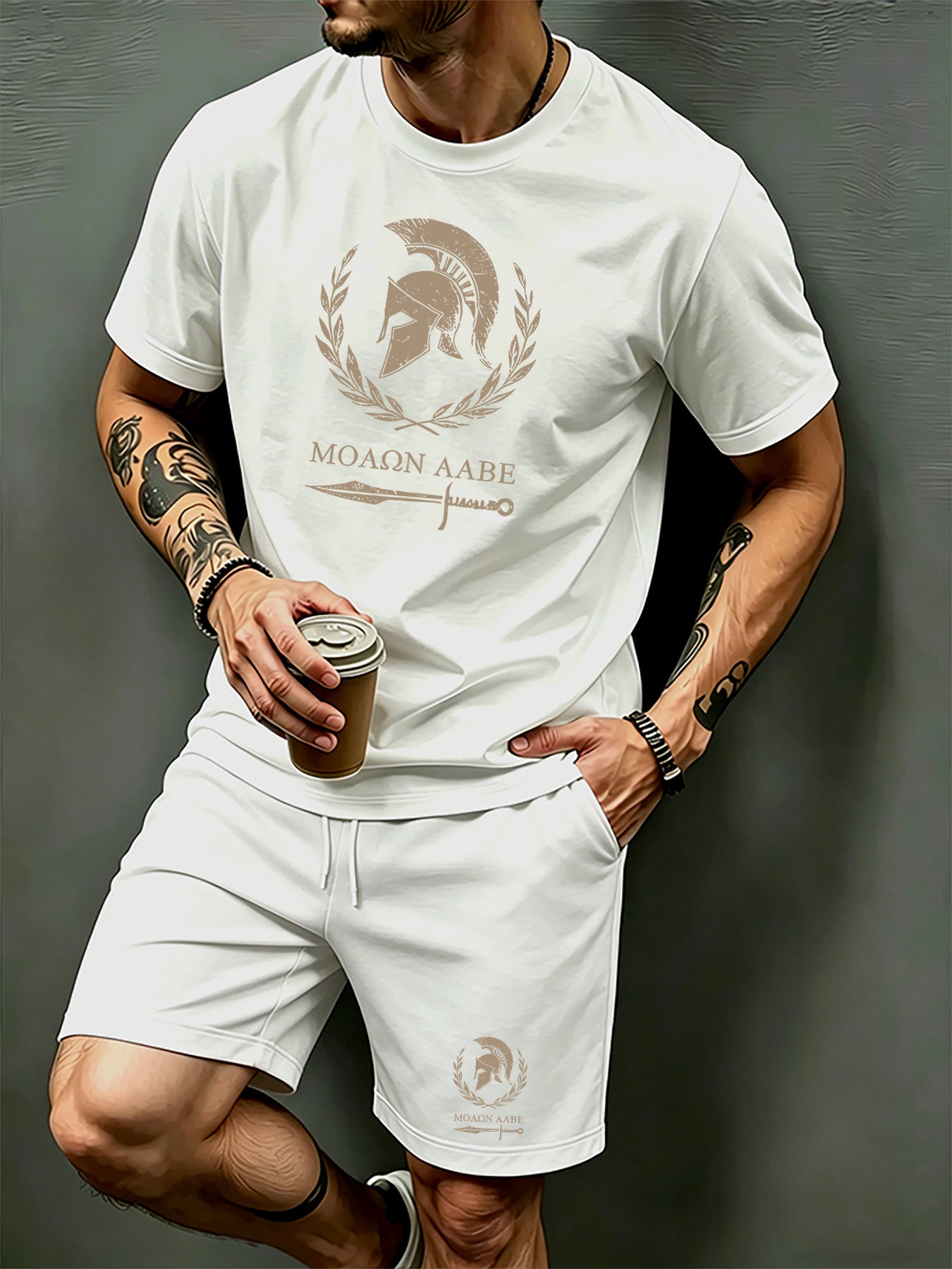Men's Summer Short Sleeve T-Shirt and Shorts Set with Spartan Helmet P