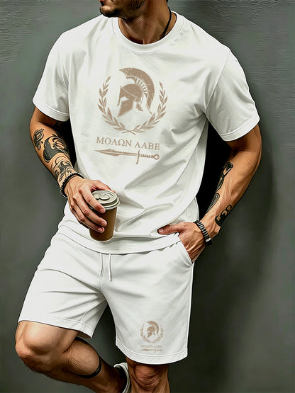 Men's Summer Short Sleeve T-Shirt and Shorts Set with Spartan Helmet P