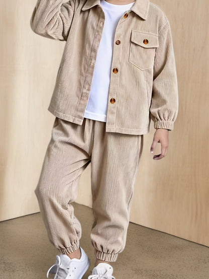 Boys' Casual Corduroy Set with Long-Sleeve Jacket & Pants - ayq