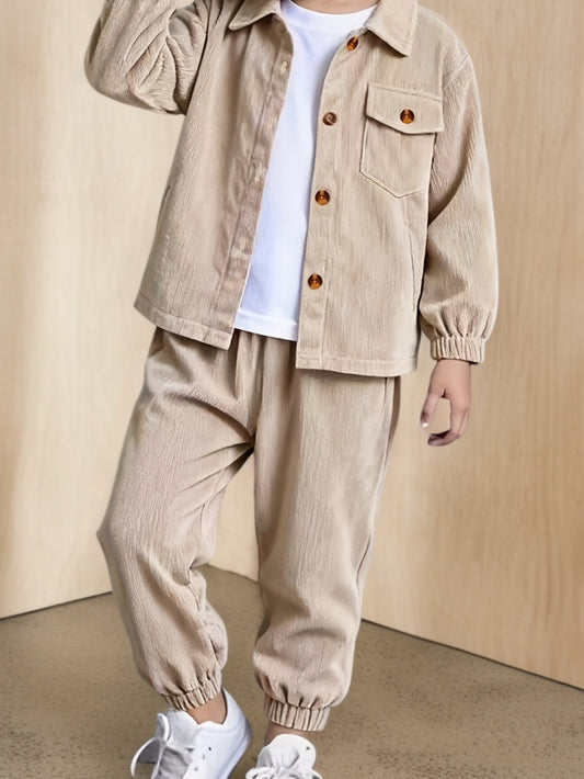 Boys' Casual Corduroy Set with Long-Sleeve Jacket & Pants - ayq