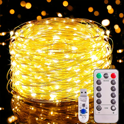 USB-Powered LED Fairy Lights with Remote Control - Copper Silvery Wire Garland for Weddings, Parties, Holidays, Birthdays, Halloween & Christmas Decor