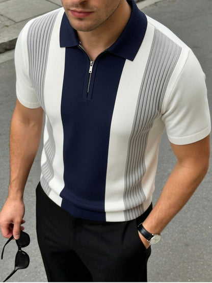 Men's Striped Knit Polo Shirt with Half-Zip for Summer Workwear