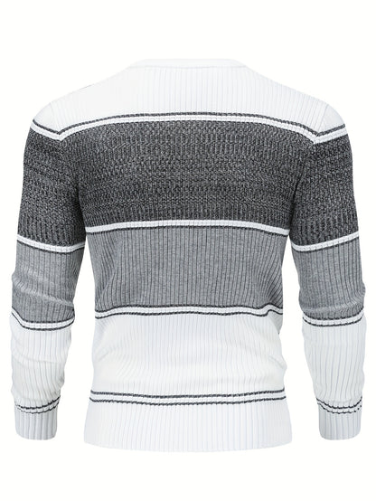 Men'S Casual Long Sleeve Crew Neck Sweater - Geometric Stripe Pullover with, Stripes, Medium Stretch Knit Sweater for Fall/Winter