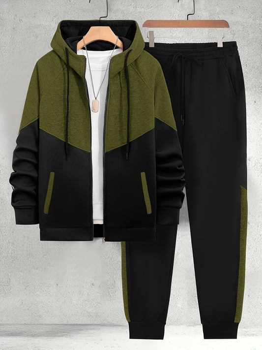 Men'S Color-Blocked Outfit Featuring a Zip-Up Hooded Jacket And Warm Sportswear, Suitable for Casual, Athletic, And Outdoor Activities in Autumn And Winter. The Fabric Is Soft, Comfortable, Warm, And Highly Elastic.