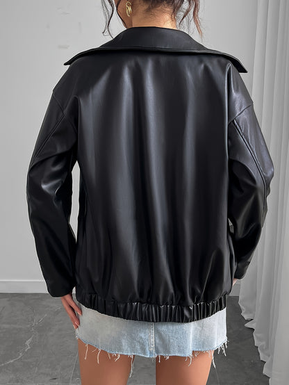 Women's Stylish Black Jacket - Casual Zip-Up with Lapel Collar, Long Sleeves & Side Pockets for Spring/Fall