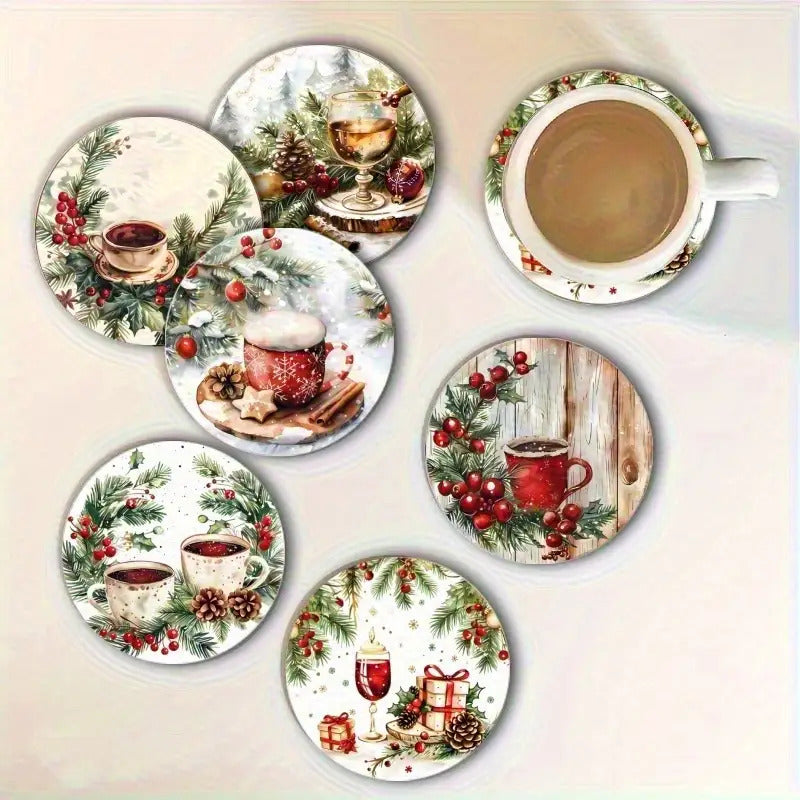 6pcs Holiday Wooden Coaster Set- Christmas and Holiday Themes, Suitable for Kitchen, Living Room, and Patio Tables- Perfect Holiday Gift, Christmas Decoration, Festive Tableware, Holiday Decor, Themed Coasters, Seasonal Desig
