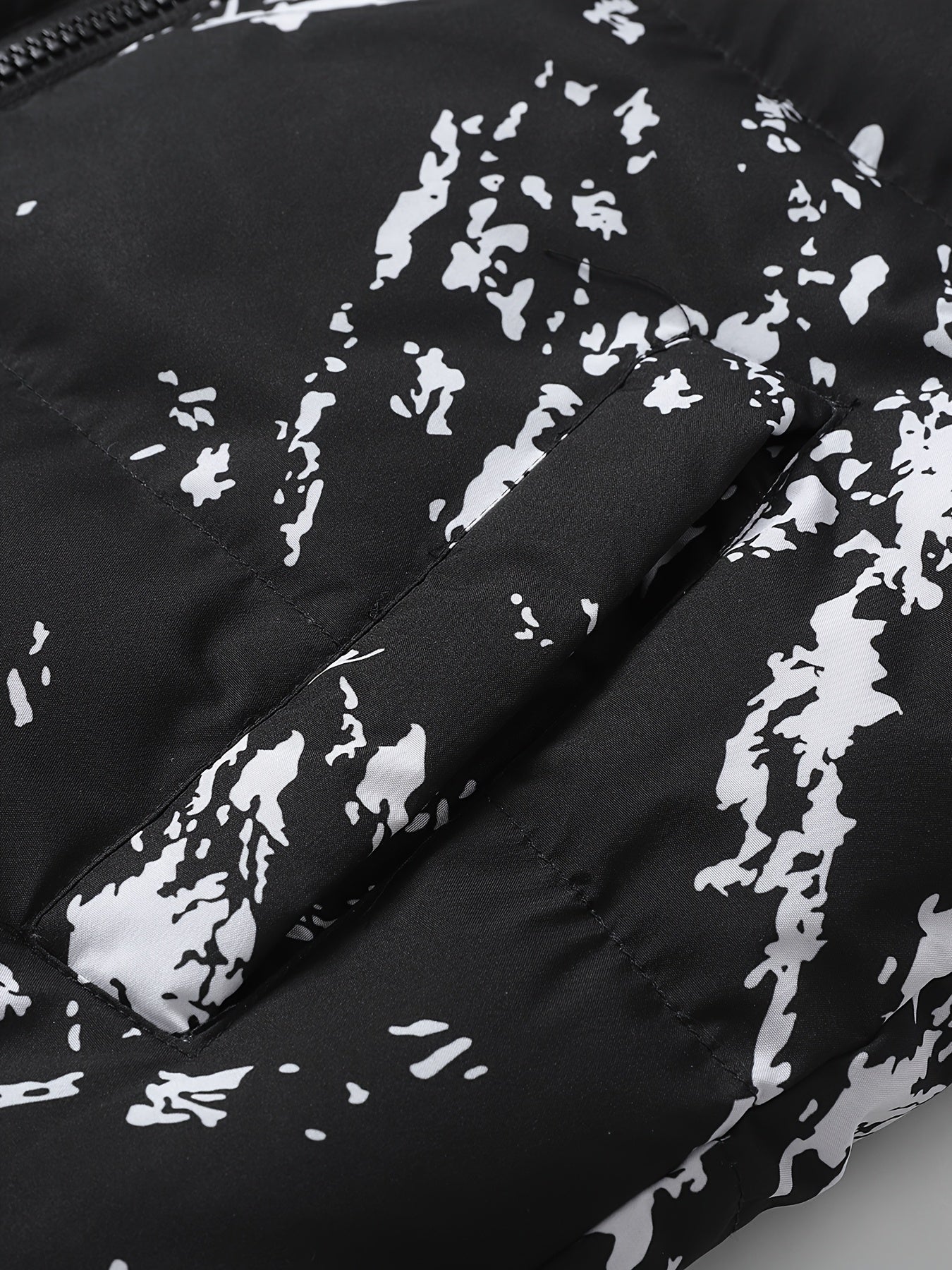 Men's Winter Jacket Windproof Coat with Stand Collar & Camo Marbled Pattern (Black/White/Grey) - Thickened Padded, Full-Zip Closure, for Skiing,, Outdoor Activities - Cold Weather Survival