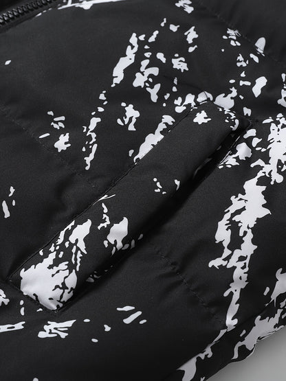 Men's Winter Jacket Windproof Coat with Stand Collar & Camo Marbled Pattern (Black/White/Grey) - Thickened Padded, Full-Zip Closure, for Skiing,, Outdoor Activities - Cold Weather Survival