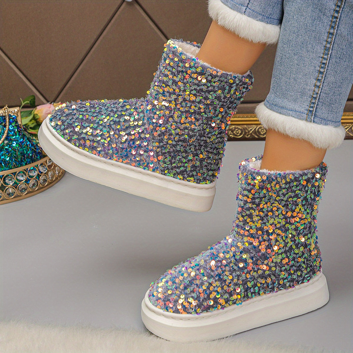 Women'S Sparkling Sequin Snow Boots - Cozy Fleece-Lined Slip-On Ankle Boots with Thick Rubber Sole, Lightweight & Warm for Winter, Blue & White Glittery Design, Perfect for Casual or Festive Outfits, Winter Boots