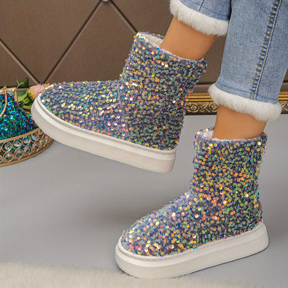 Women'S Sparkling Sequin Snow Boots - Cozy Fleece-Lined Slip-On Ankle Boots with Thick Rubber Sole, Lightweight & Warm for Winter, Blue & White Glittery Design, Perfect for Casual or Festive Outfits, Winter Boots