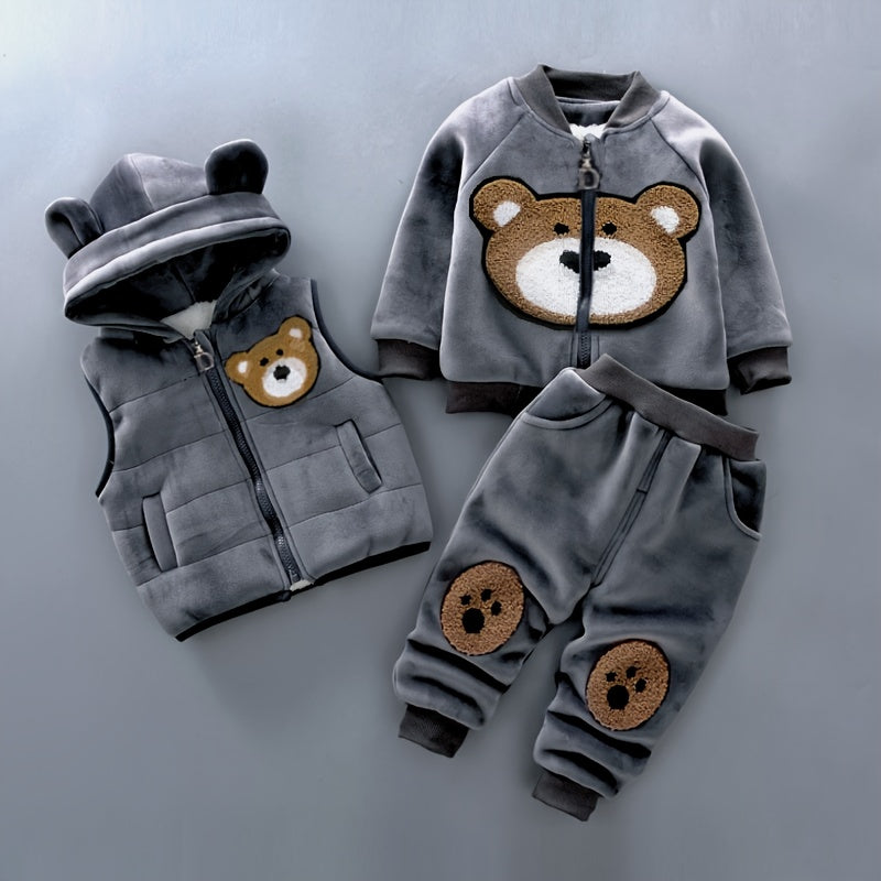 3pcs Boys & Girls Winter Warm Hooded Bear Set - Thick Bear Head Vest, Matching Pants & Hoodie, Cozy 3pcs Outfit for Outdoor Play, Casual Wear (Easy-Care Baby Clothes, Hand/Dry Clean), Perfect for Outdoor