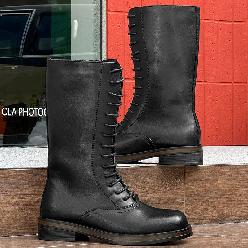 Men's Casual PU Leather Long Boots with Zipper and Lace
