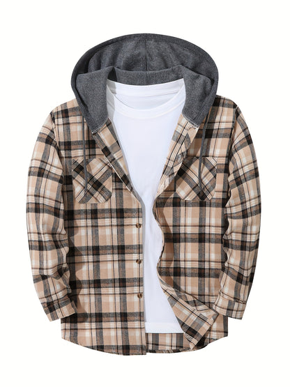 Plaid Shirt Coat For Men Long Sleeve Casual Regular Fit Button Up Hooded Shirts Jacket