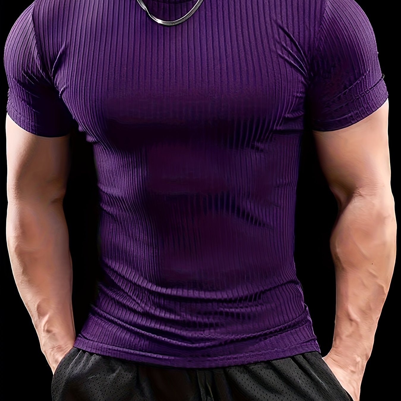 Men's Slim Fit Ribbed Short Sleeve T-Shirt - Stretchy Athletic  Casual Wear, Green, Round Neck, Machine Washable, Muscle-Enhancing Design, Gym Shirts
