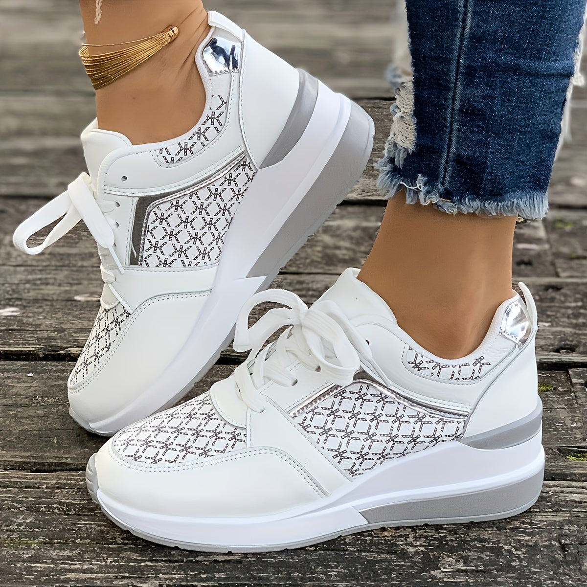 Women'S Plus Size Casual Sneakers - White Synthetic Cover Low-Top Lace-Up Shoes with Golden-Tone Accents, EVA Sole  Breathable Fabric Lining for Summer Comfort, Ladies Sneakers, Comfortable Footwear, Durable Footwear