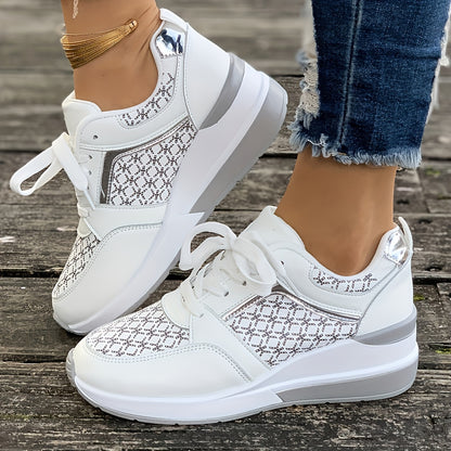 Women'S Plus Size Casual Sneakers - White Synthetic Cover Low-Top Lace-Up Shoes with Golden-Tone Accents, EVA Sole  Breathable Fabric Lining for Summer Comfort, Ladies Sneakers, Comfortable Footwear, Durable Footwear