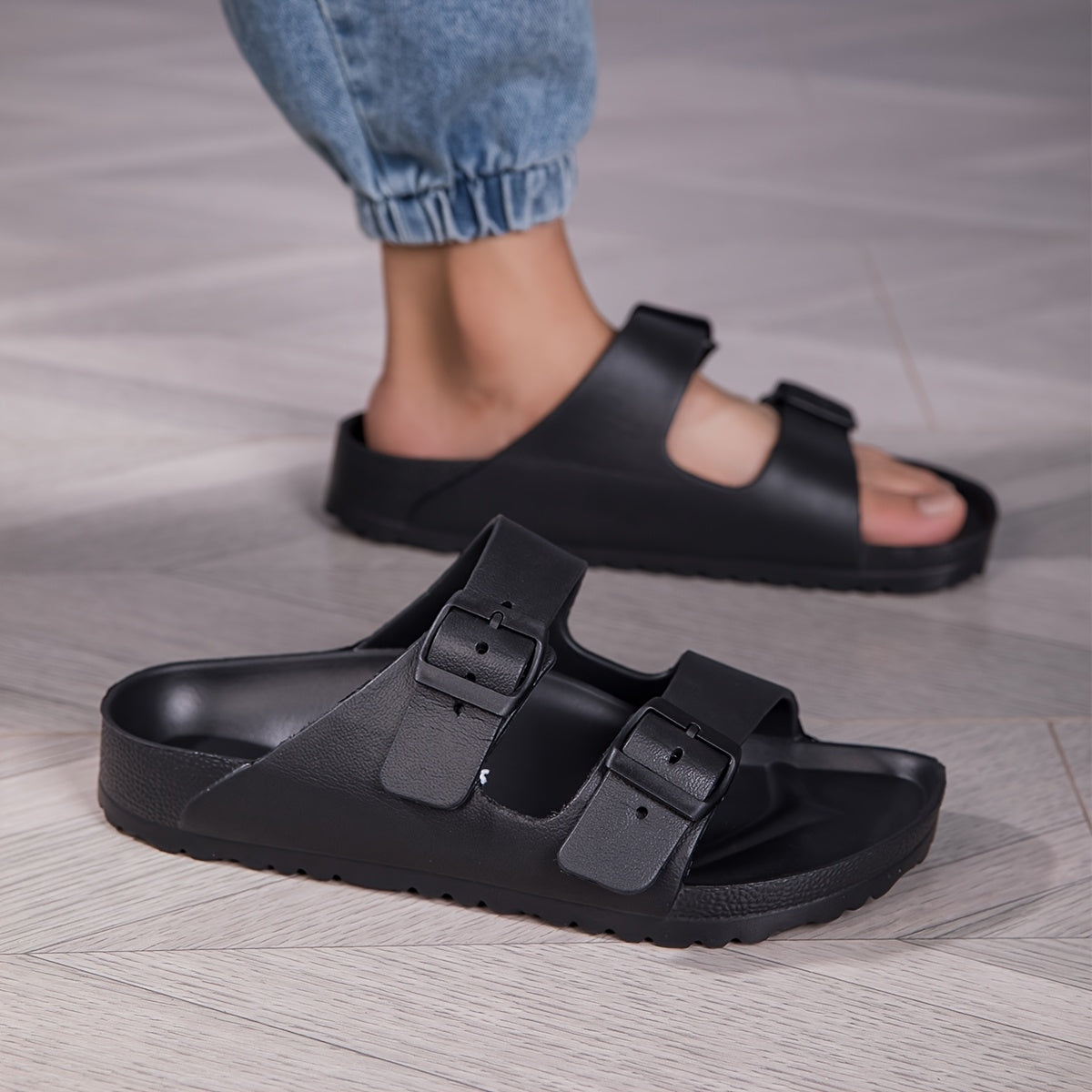 Men's Casual Slide Sandals with Dual Adjustable Buckles