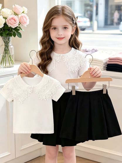 Girls' Summer Skirt Set with Lace Top & Pleated Skirt