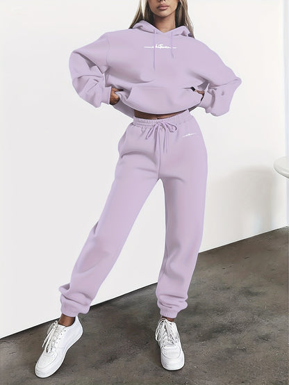 New Arrival Gray Print Women's Hooded Drawstring Sweatshirt and Pants Set, Autumn/Winter Warm Long-Sleeve Pullover with Hat, Machine-Washable Polyester, Versatile Outfit