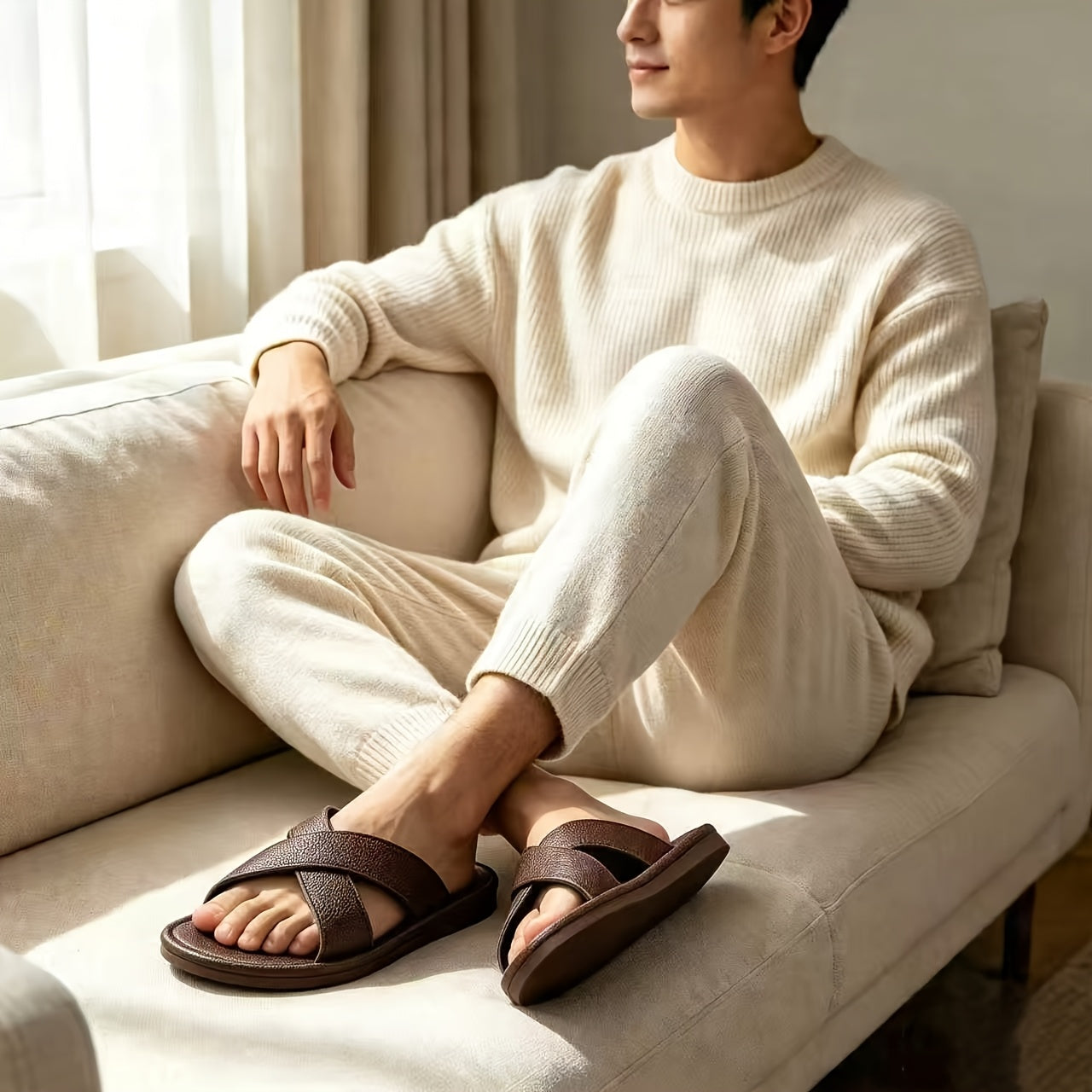 Men's Thin-Sole Cross Strap Slippers - Breathable Summer Slides