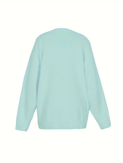 Plus Size - Women'S Cozy Yellow V-Neck Sweater with Pearl Buttons & Fleece-Lined Cuffs - Asymmetrical Hem, Geometric Pattern, Casual Winter Pullover for Casual Attire, Winter Apparel | Vneck Sweater | Pearl Button Details, Sw