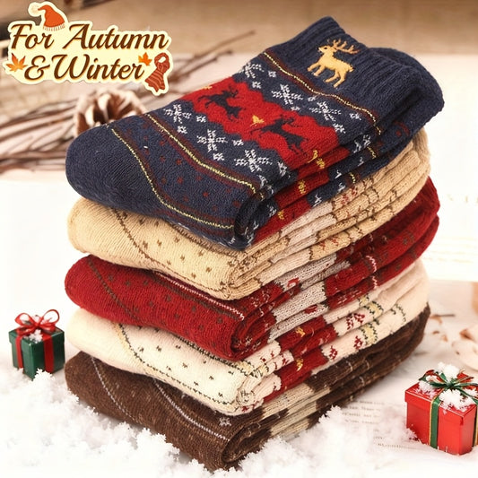 6pcs/3pairs Reindeer Print Thick Socks, Comfortable and Warm Christmas Mid-Calf Socks, Unisex Socks, Christmas Socks, Festive Socks, Cozy Socks, Warm Winter Socks