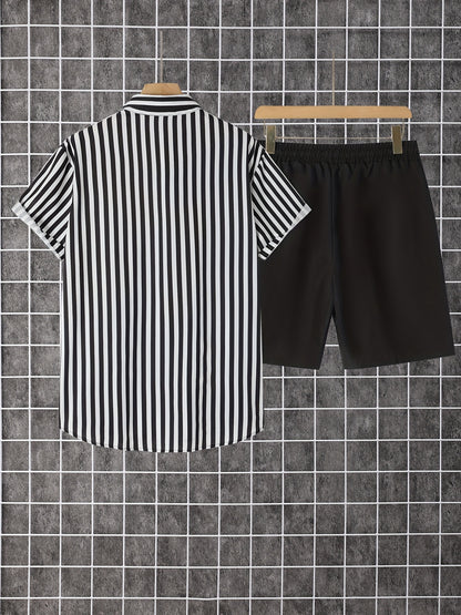 Men's Summer Printed Button-Up Shirt & Shorts Set