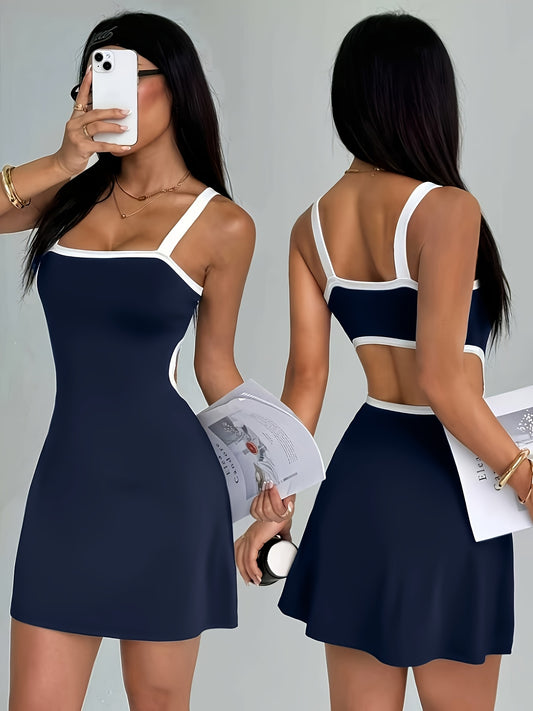 Women's Color-Blocked Y2K Tank Slip Dress with Spaghetti Straps