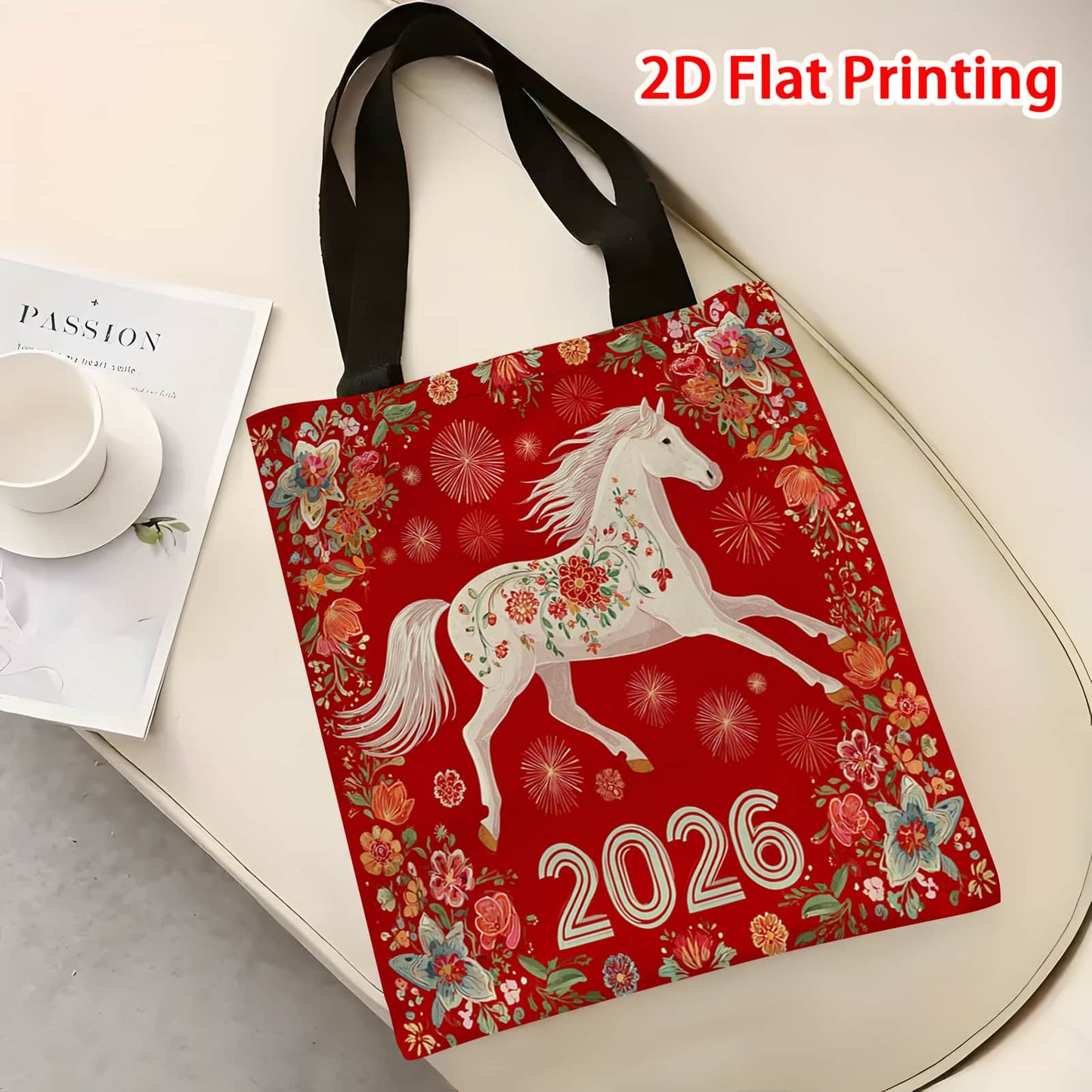 1pc Women's Year of the Horse 2026 Lunar New Year Tote Bag - Large Capacity Foldable Red & Golden Chinese Zodiac Horse Print, Durable Handbag for Shopping, Travel, Daily Use, Gift for 2026 Birth Year Celebration, 2D Flat