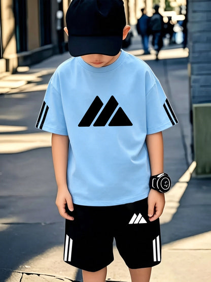 Boys' Casual Sports Set with Mountain Print, Polyester, Ages 7-12