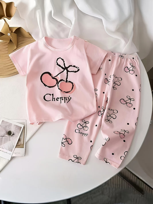 Girls' Cotton Thermal Underwear Set with Pink Cherry Print