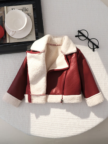 Baby Girl PU Leather Zipper Jacket with Lapel Collar