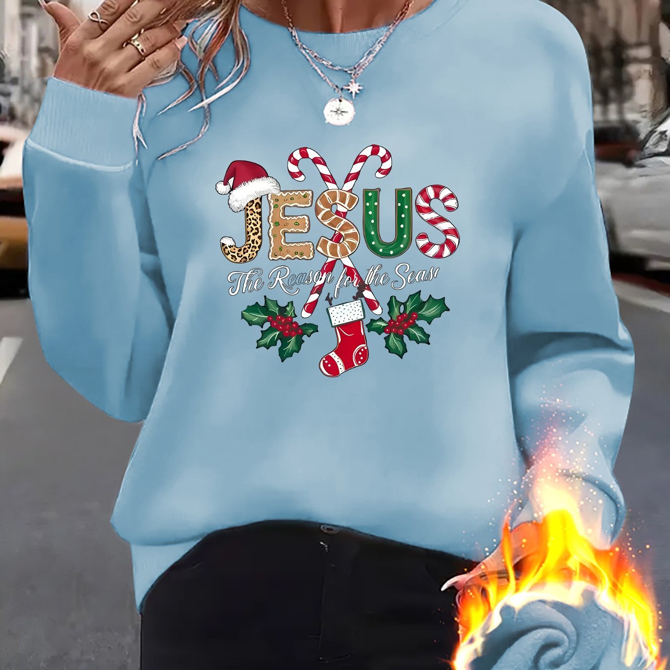 Women's Fleece-Lined Round Neck Pullover Sweatshirt - "JESUS" Christmas Print, Comfortable Loose Fit for All Seasons, Festive Holiday Design Casual Top