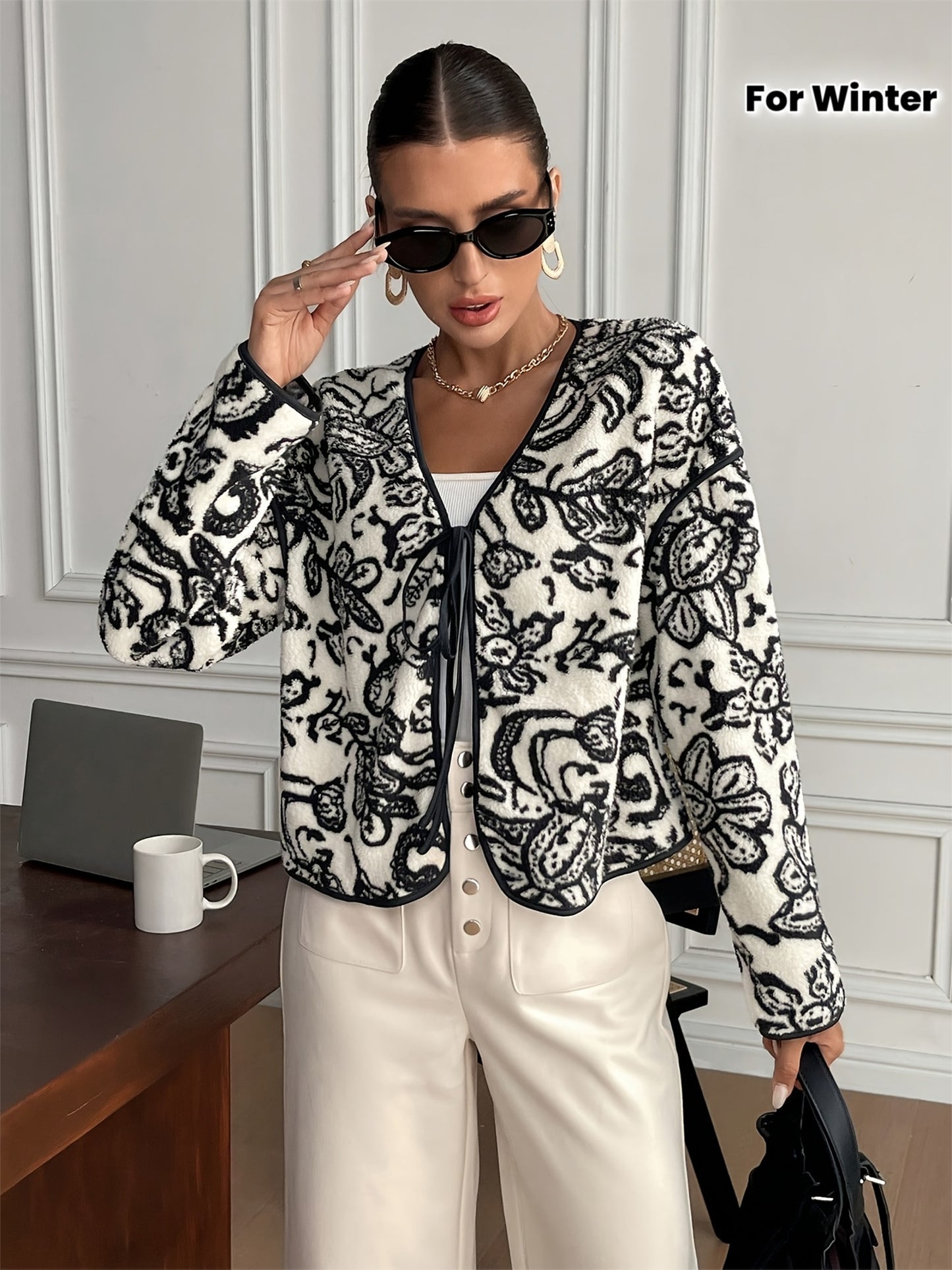 Women's Elegant Black & White Floral blazer - Tie-front closing, Non-Stretchy structure for Fall/Winter, Office, Party, Everyday Chic Jacket - Machine Washable Women's Outerwear, Party Attire, Sophisticated Design