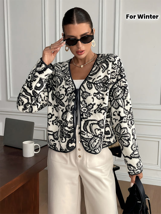 Women's Elegant Black & White Floral blazer - Tie-front closing, Non-Stretchy structure for Fall/Winter, Office, Party, Everyday Chic Jacket - Machine Washable Women's Outerwear, Party Attire, Sophisticated Design