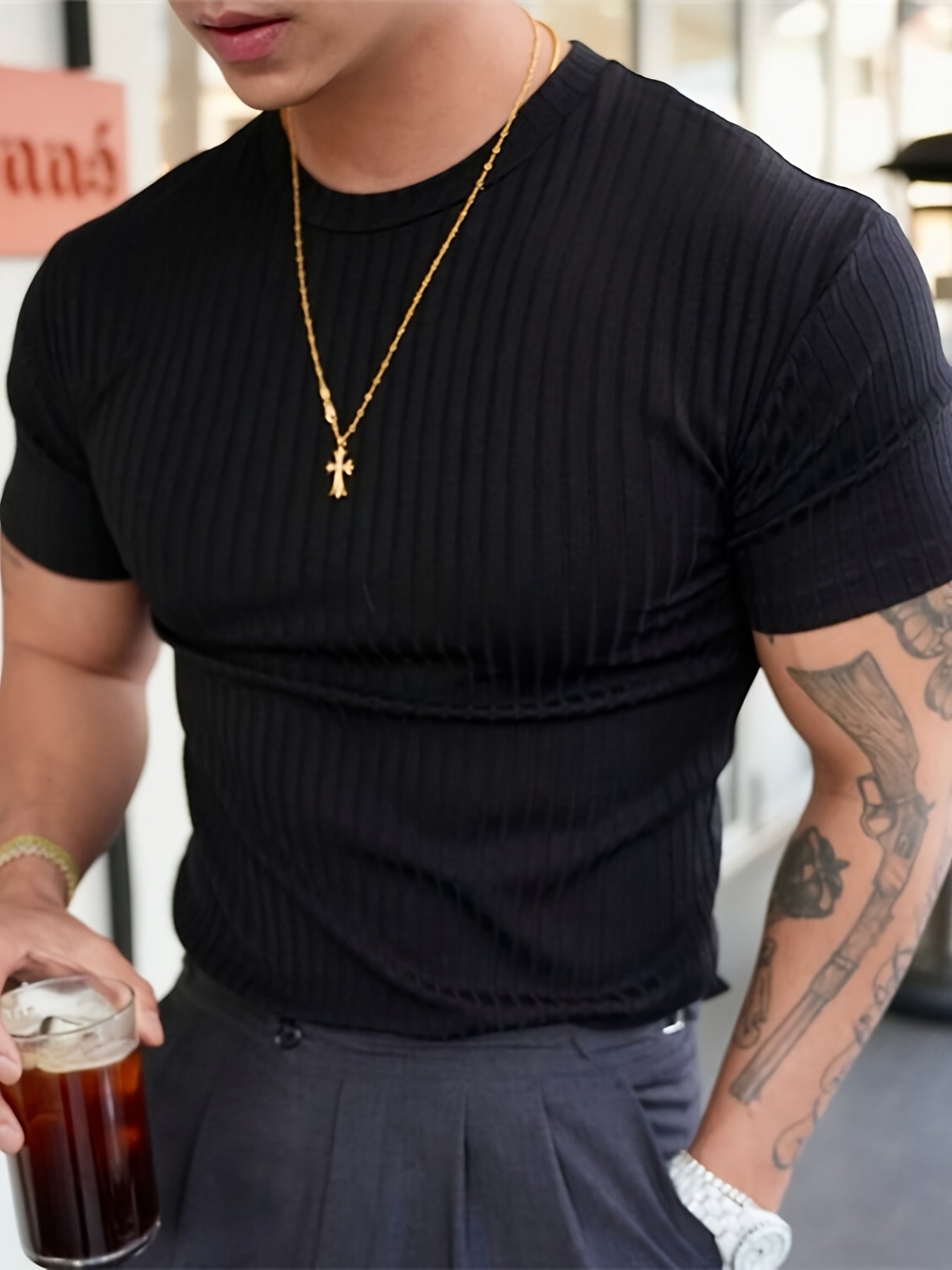 Men'S Summer Ribbed T-Shirt, Stylish, Comfortable, And Breathable, Perfect for Casual Outings - ayq