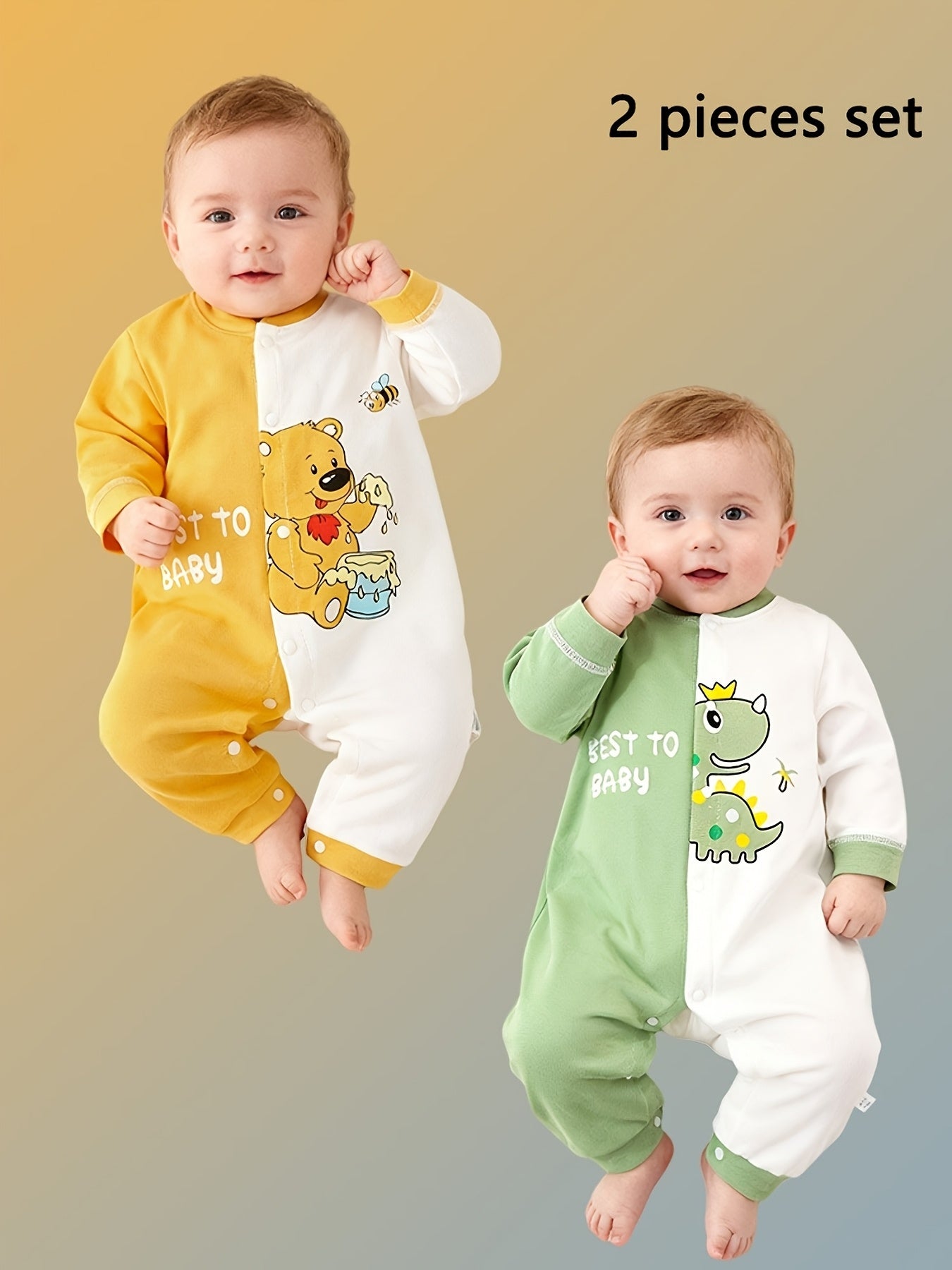 2pcs Cotton Baby Jumpsuits with Teddy & Dinosaur Patterns