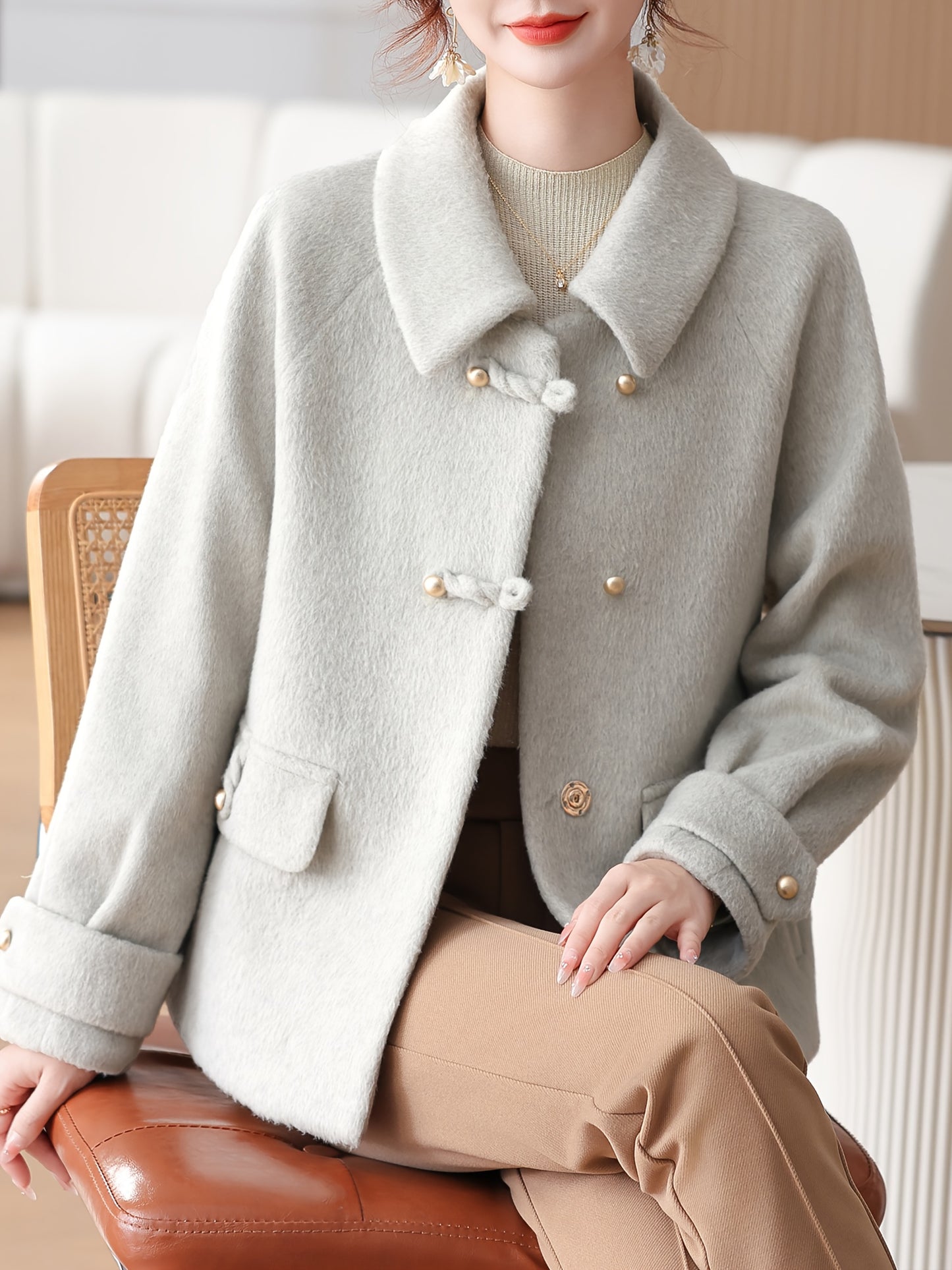 Snow Evening Women's 2025 New Winter Jacket - Short Wool-Blend Tweed Coat for Moms & Seniors, Thickened Warm Collar with Golden Buttons, Elegant Cold-Resistant Outerwear, Hand Washable (Grey/Black) - Professional & Casual Win