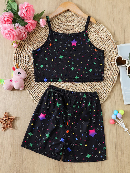 Kids Unicorn Print Tank Top & Star Pattern Shorts Pajama Set