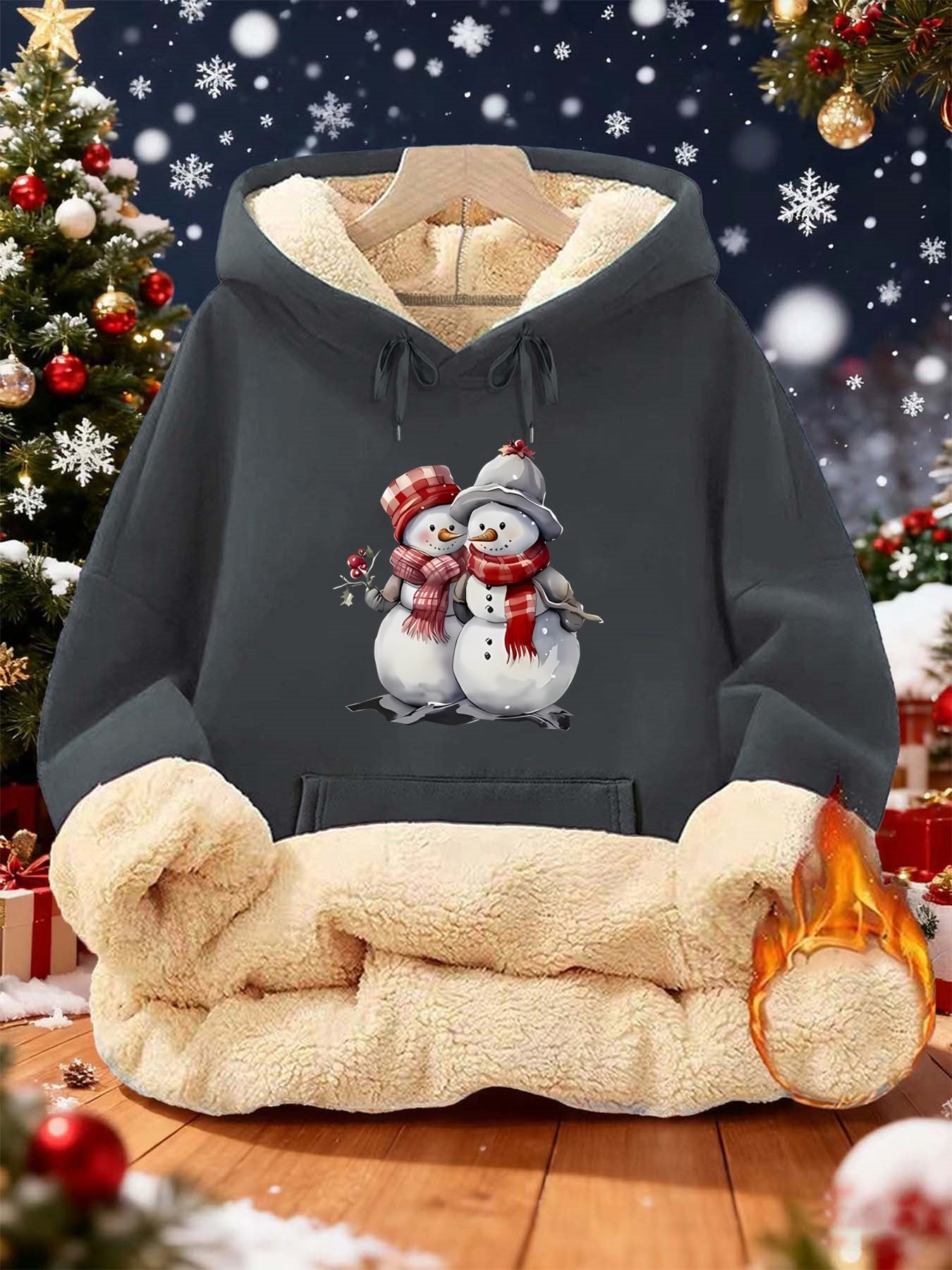 Women'S Winter Warmth Hooded Sweatshirt with Cute Snowman & Snowflake Print - Thick Fleece-Lined Long Sleeve Pullover, Cozy Casual Winter Sweater for Fall & Winter, Winter Sweatshirts, Seasonal Clothing, Playful Design, Soft