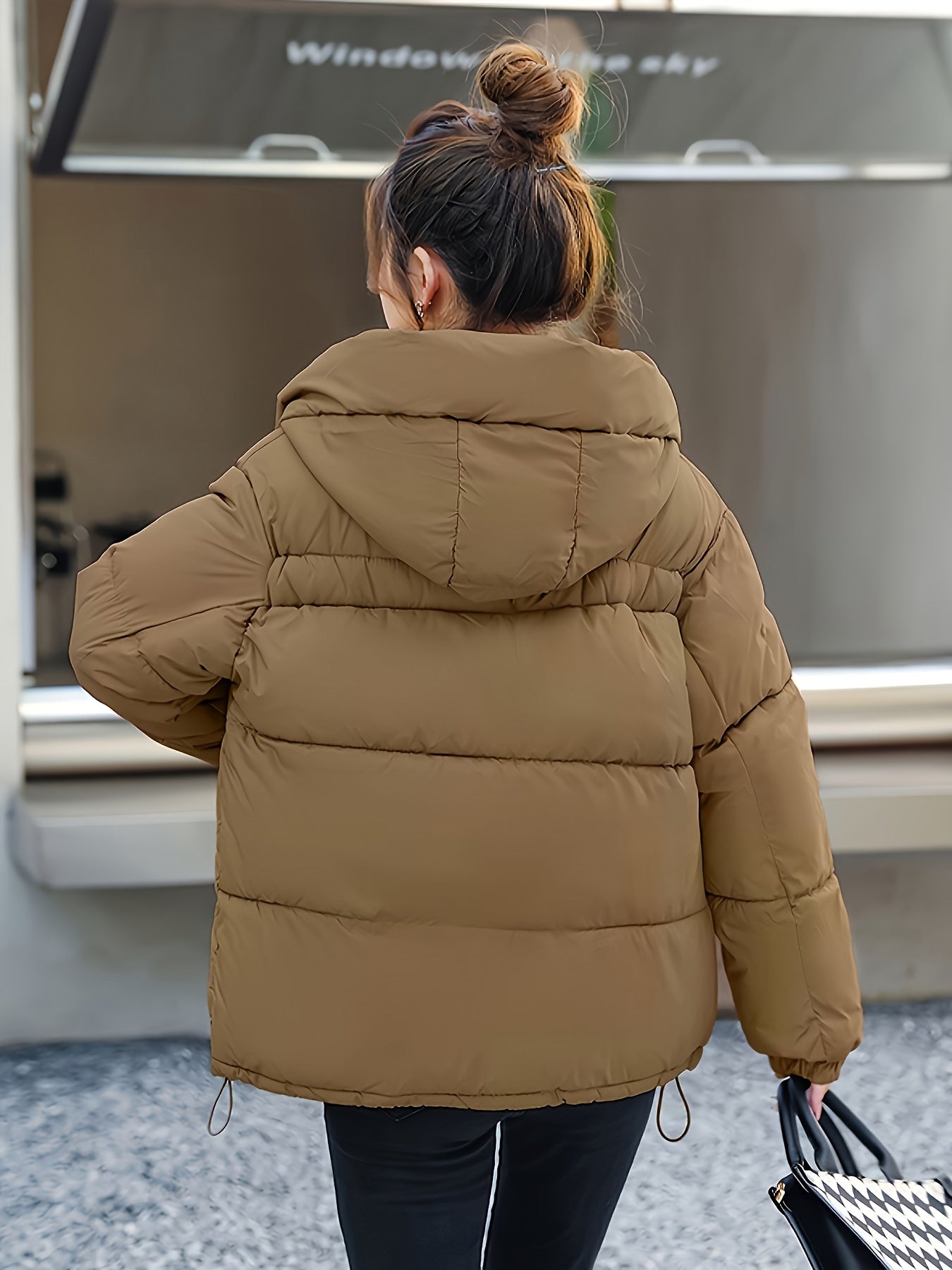 Women'S Stylish Winter Zip-Up Hooded Jacket - Casual Thickened Outerwear with Pockets, Long Sleeve, Non-Stretch Fabric, Solid Color, 100g/m², Perfect for Cold Weather, Winter Clothes