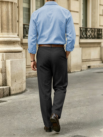 Men's Casual Linen Lapel Shirt & Buckle Pants Set for Spring/Fall