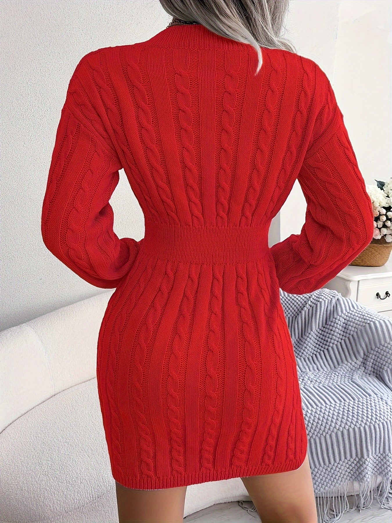 Women's White/ Twist- V-Neck Shorter-to-Oversized-Hem White Button-like Placket (No Buttons) Dress - Full-Length Long Sleeve Winter Winter Short/Long Dress (No) - Slim-Fit Tummy Control for Fall/Winter (Low-Maintenance